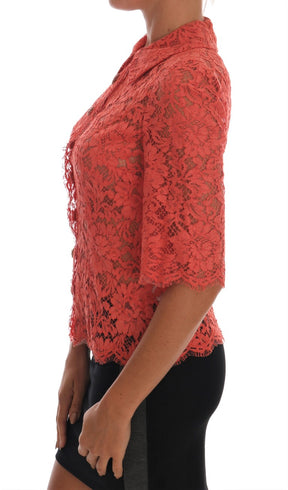 Dolce & Gabbana Orangefarbene Bluse mit Kristallknöpfen und floraler Spitze