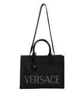 Versace Schwarze Top Handle Canvas Leder Logo Crossbody Tote Bag
