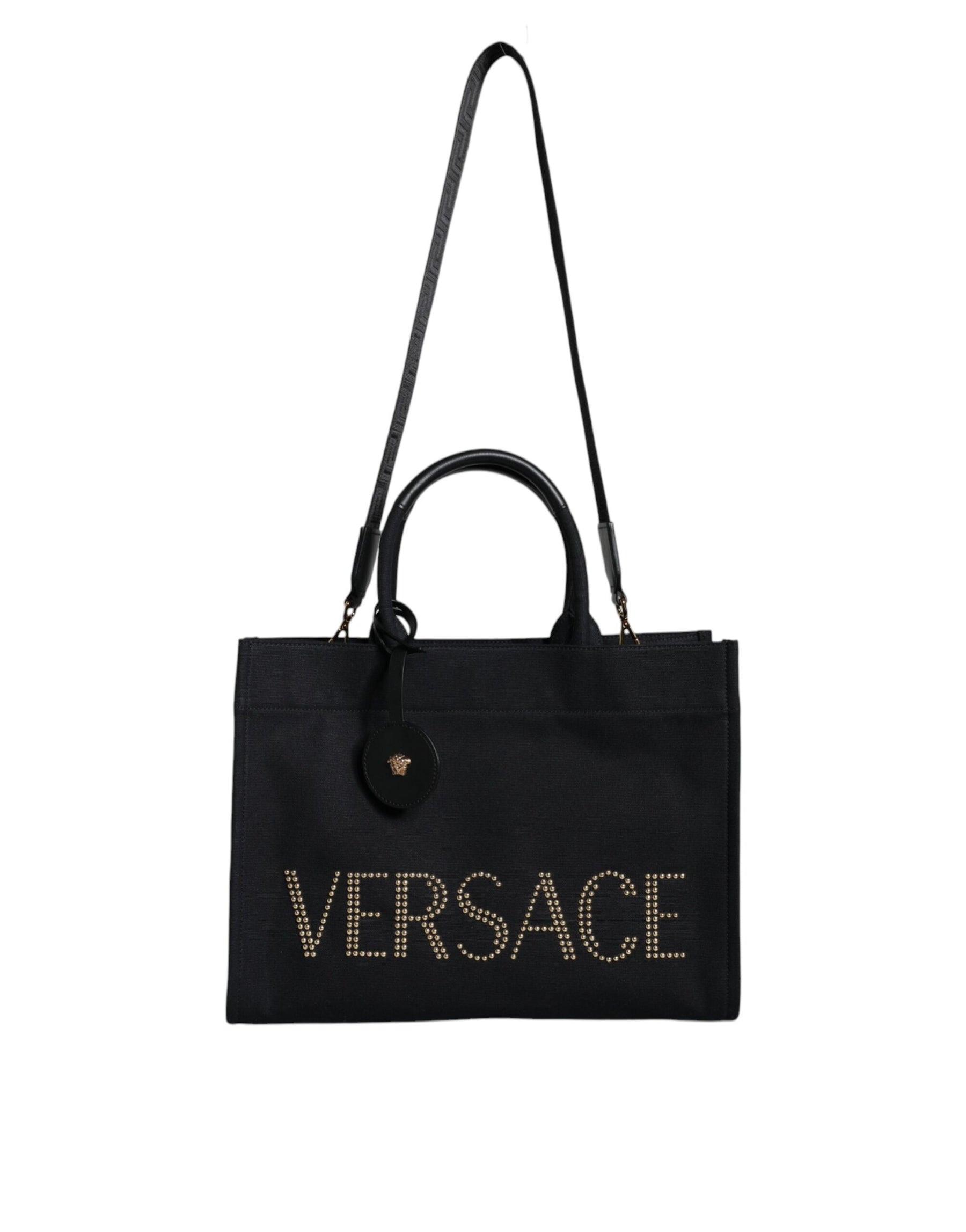 Versace Schwarze Top Handle Canvas Leder Logo Crossbody Tote Bag
