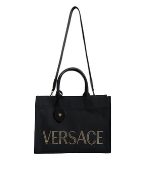 Versace Schwarze Top Handle Canvas Leder Logo Crossbody Tote Bag
