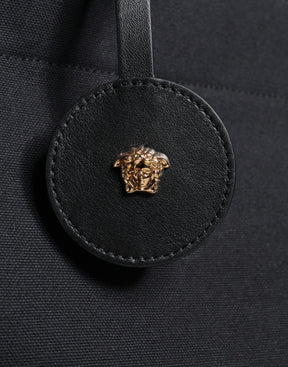 Versace Schwarze Top Handle Canvas Leder Logo Crossbody Tote Bag