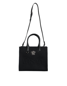 Versace Schwarze Top Handle Canvas Leder Logo Crossbody Tote Bag