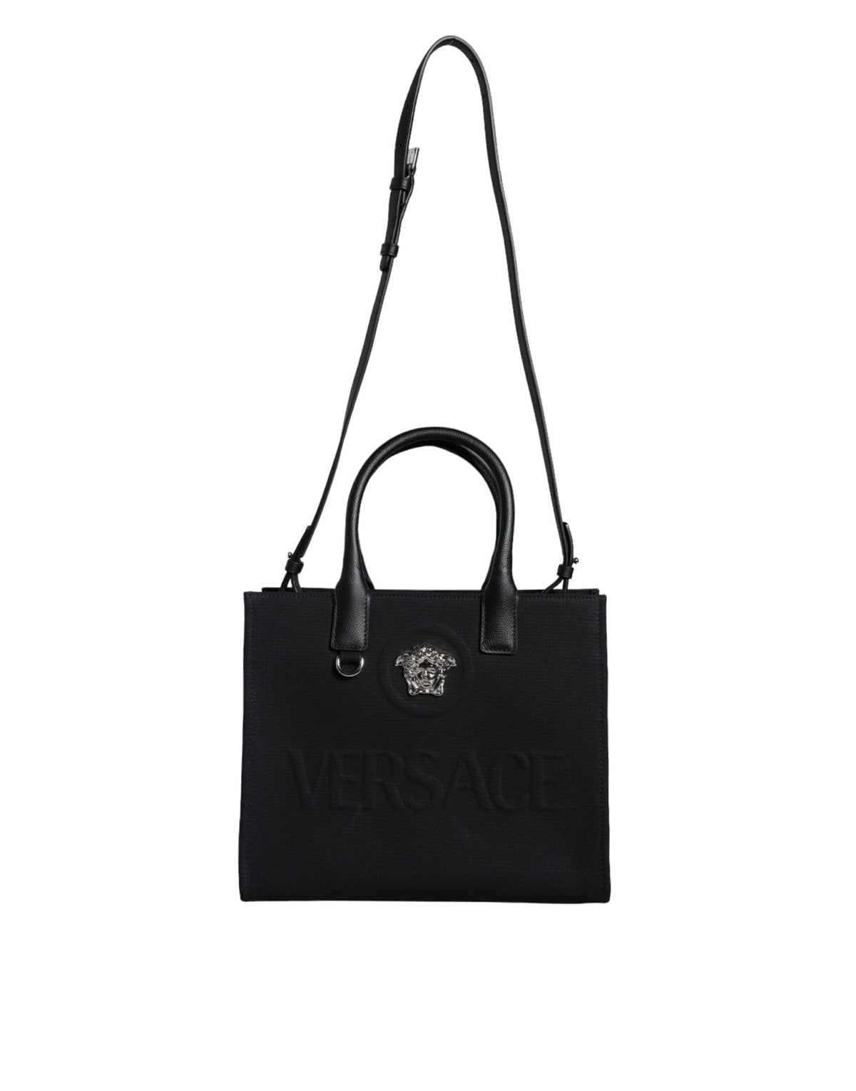 Versace Schwarze Top Handle Canvas Leder Logo Crossbody Tote Bag