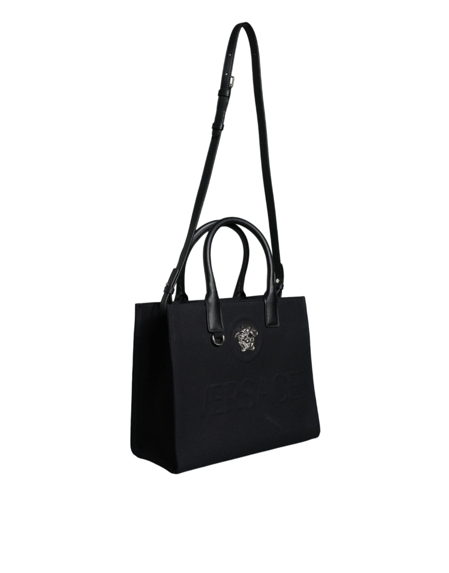 Versace Schwarze Top Handle Canvas Leder Logo Crossbody Tote Bag