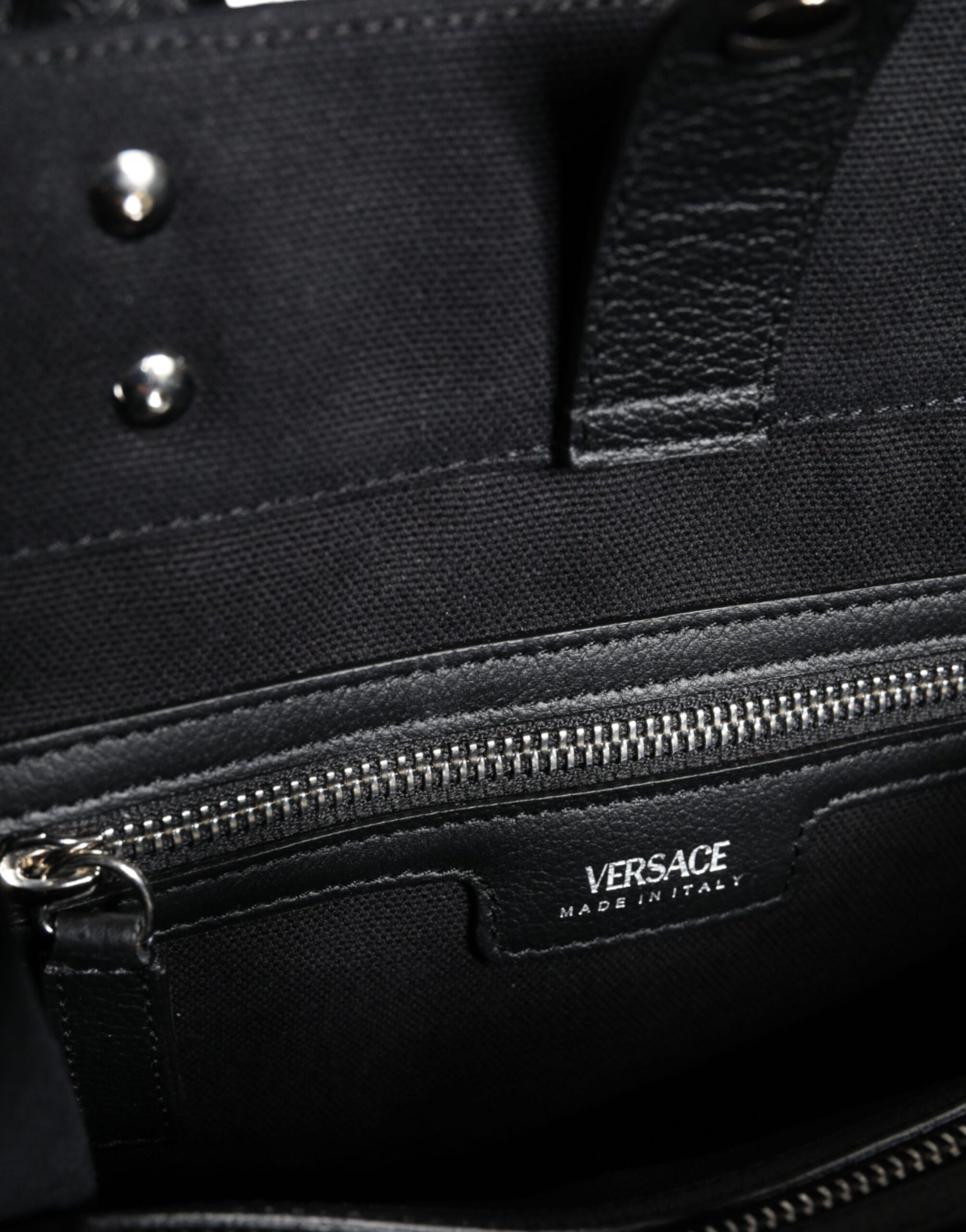 Versace Schwarze Top Handle Canvas Leder Logo Crossbody Tote Bag
