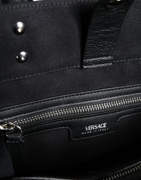 Versace Schwarze Top Handle Canvas Leder Logo Crossbody Tote Bag