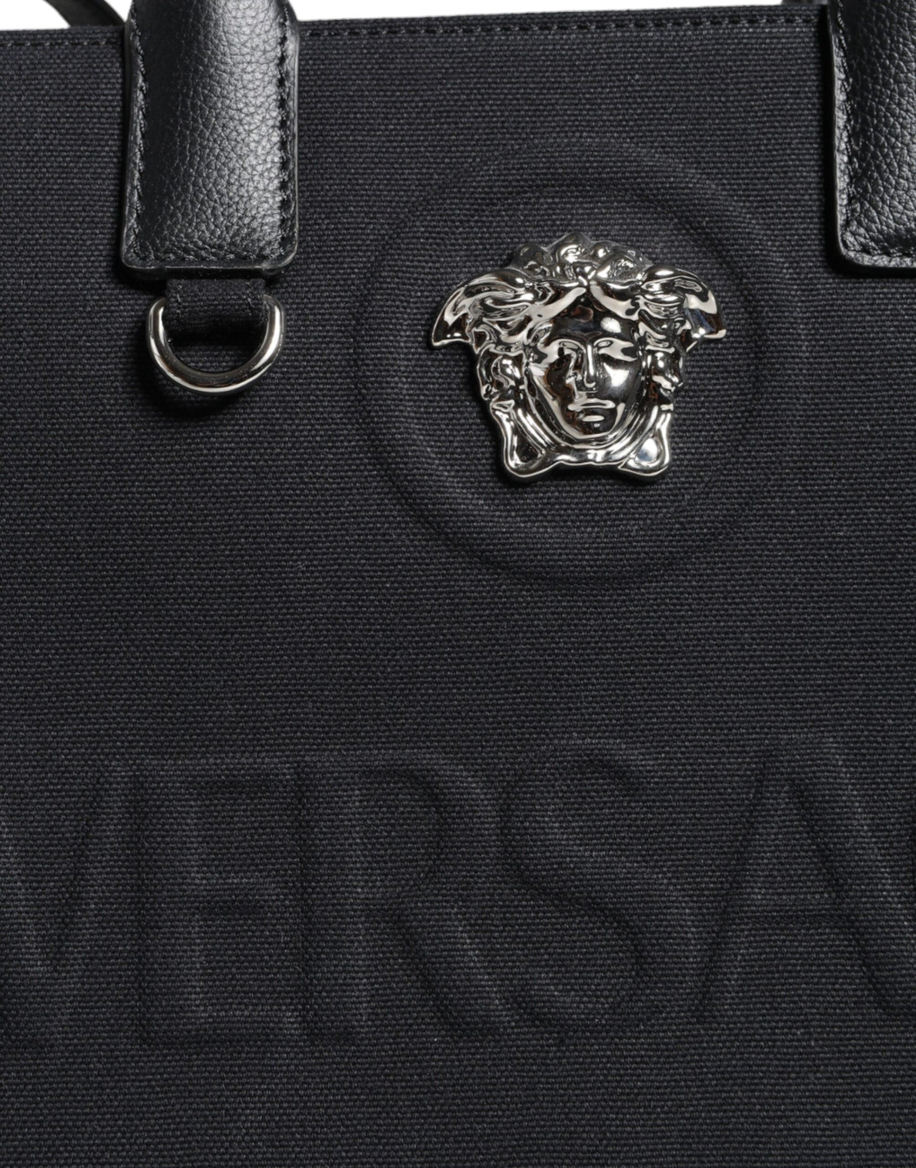 Versace Schwarze Top Handle Canvas Leder Logo Crossbody Tote Bag