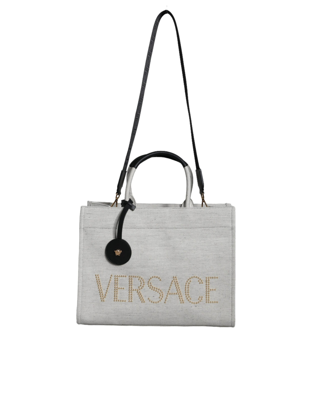 Versace Weiße Top Handle Canvas Leder Logo Crossbody Tote Bag