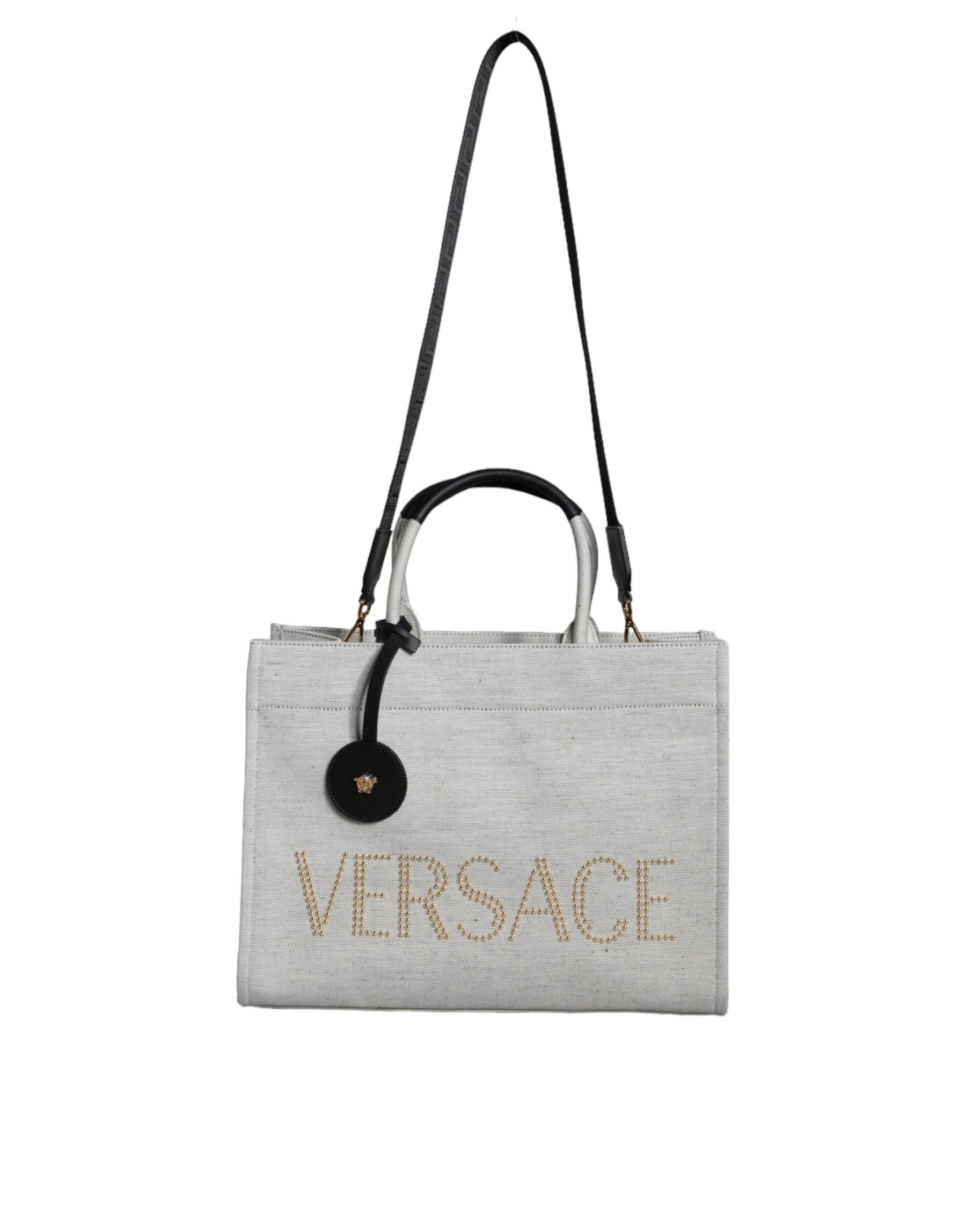 Versace Weiße Top Handle Canvas Leder Logo Crossbody Tote Bag