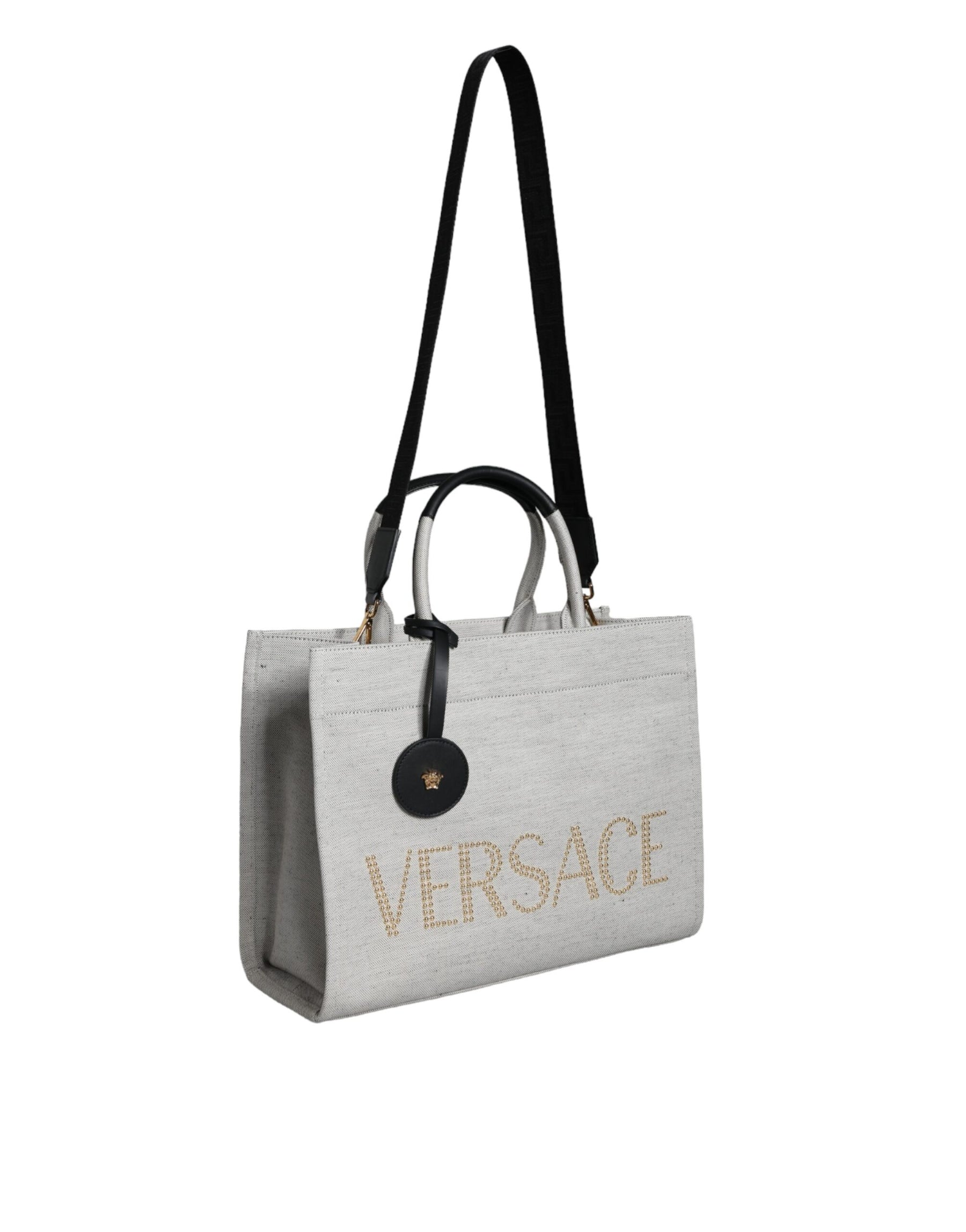 Versace Weiße Top Handle Canvas Leder Logo Crossbody Tote Bag