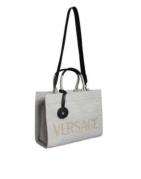 Versace Weiße Top Handle Canvas Leder Logo Crossbody Tote Bag