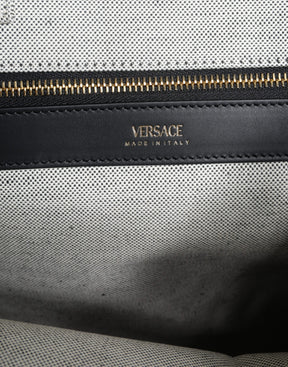 Versace Weiße Top Handle Canvas Leder Logo Crossbody Tote Bag