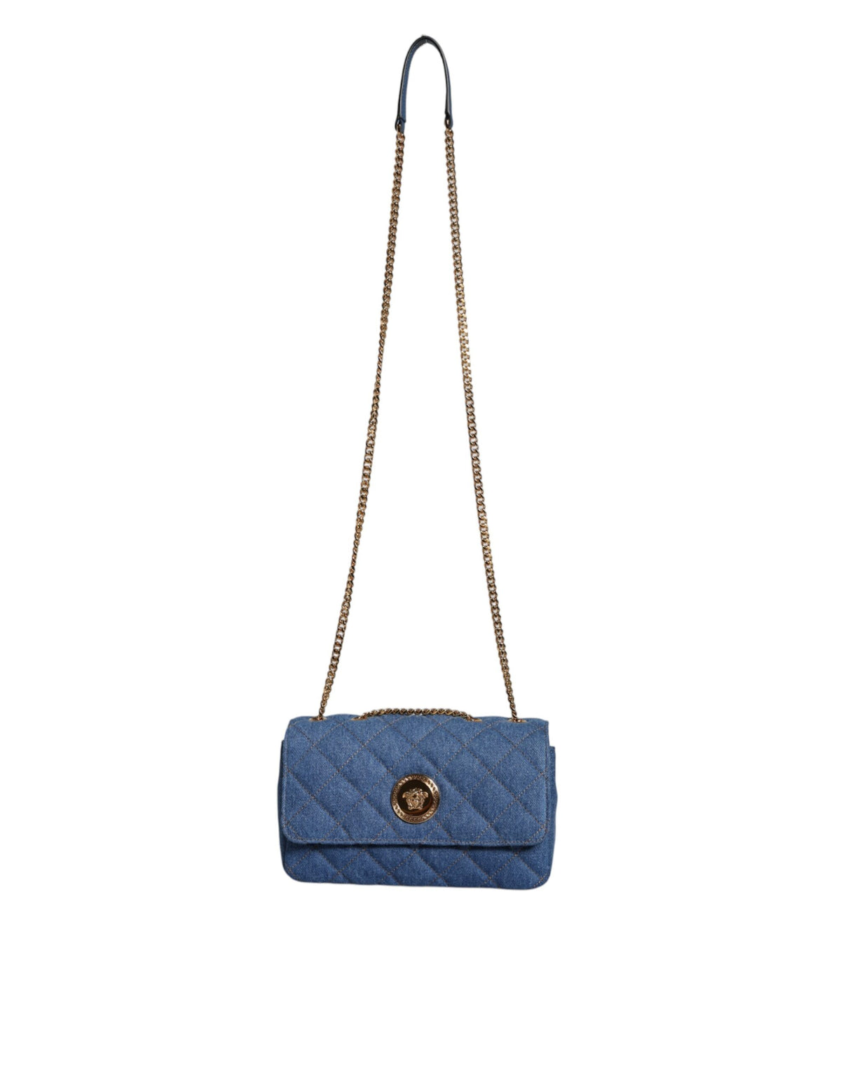 Versace Blaue gesteppte Denim Leder Crossbody Umhängetasche