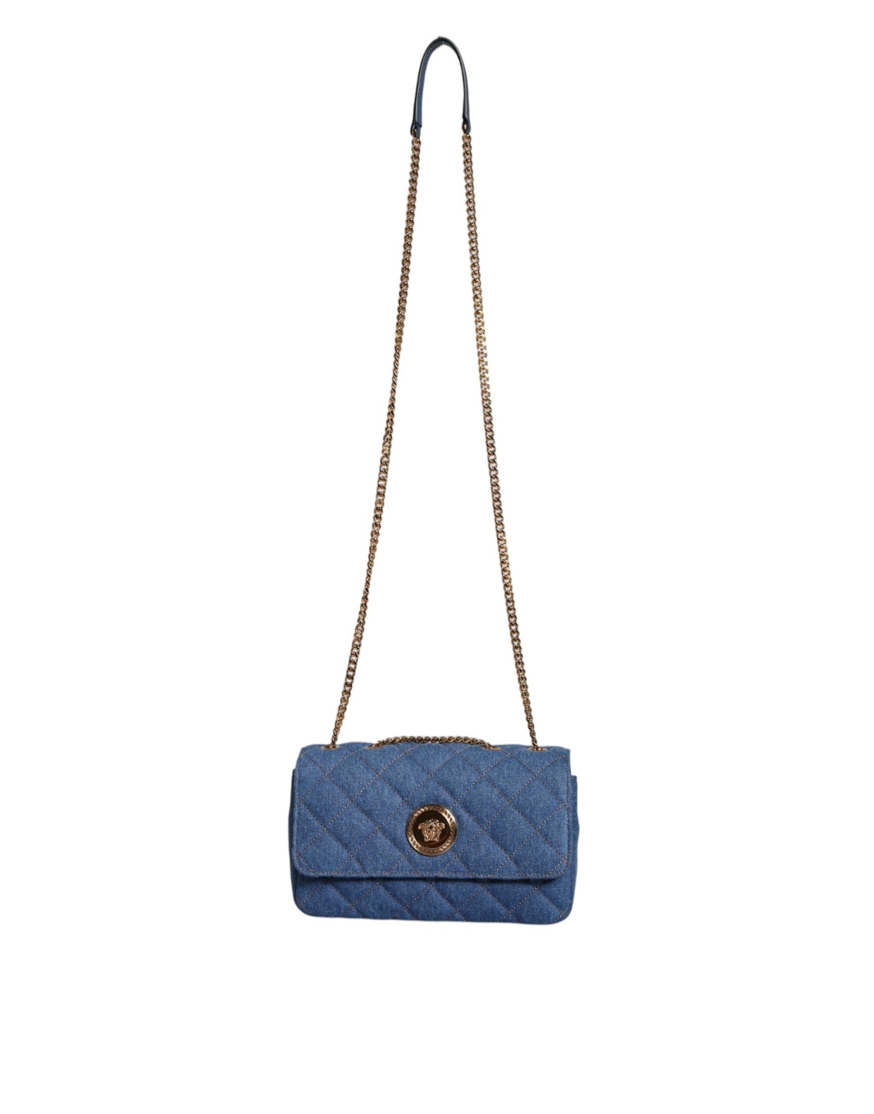 Versace Blaue gesteppte Denim Leder Crossbody Umhängetasche