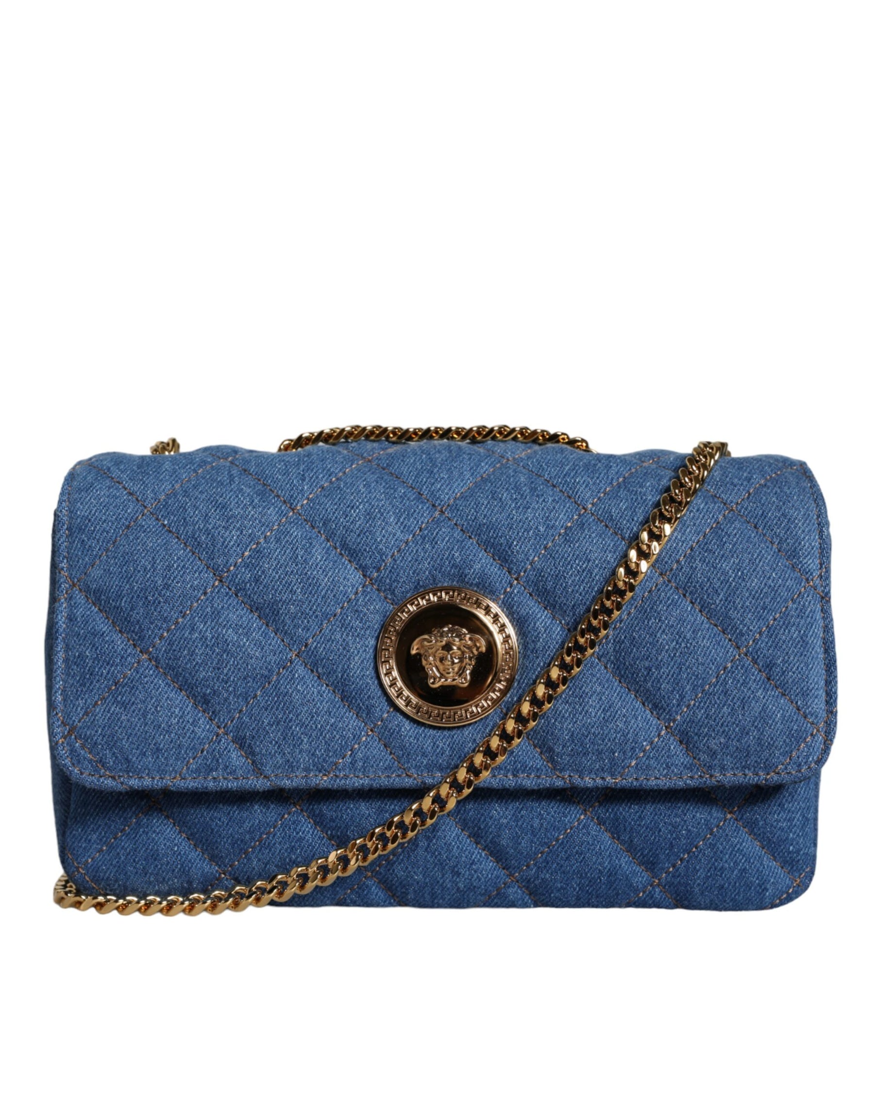 Versace Blaue gesteppte Denim Leder Crossbody Umhängetasche