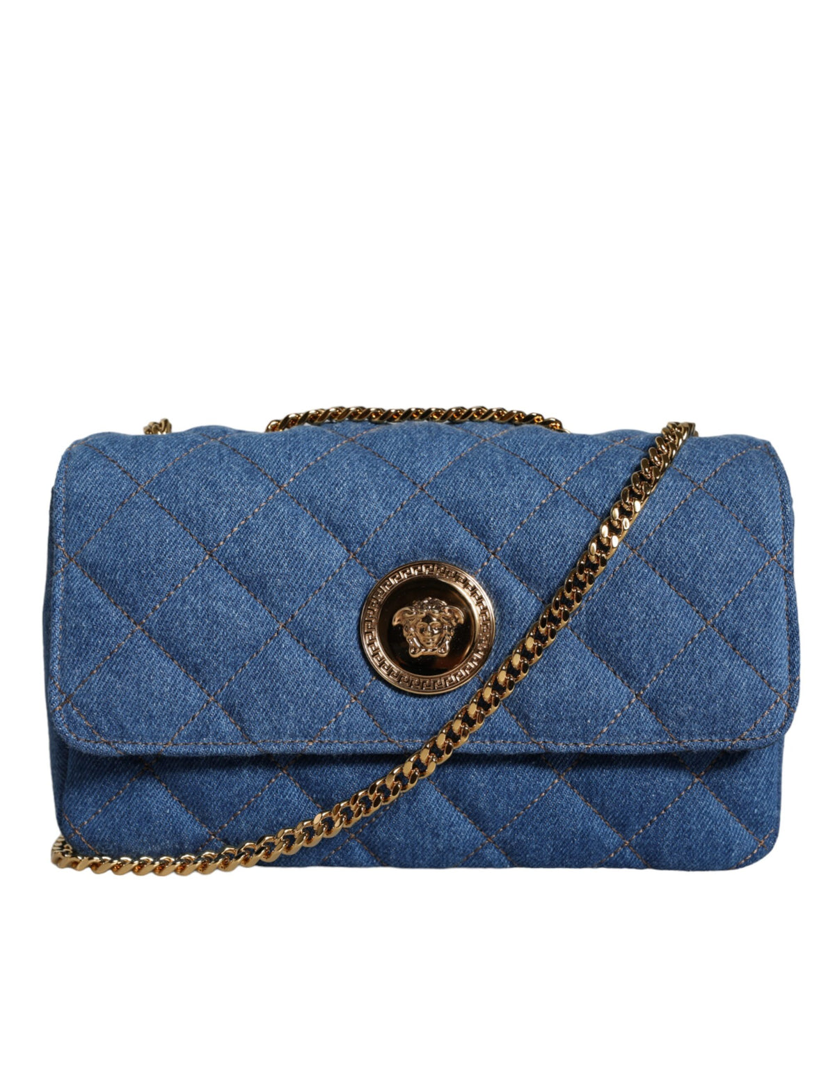 Versace Blaue gesteppte Denim Leder Crossbody Umhängetasche