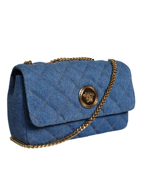 Versace Blaue gesteppte Denim Leder Crossbody Umhängetasche