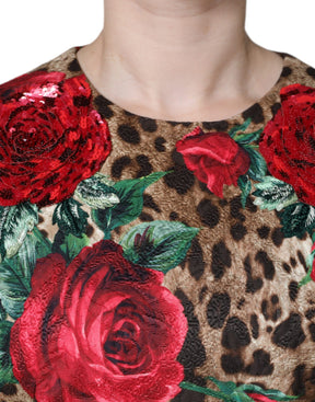Dolce & Gabbana Braunes Leopardenkleid mit roten Rosen aus Baumwolle in A-Linie
