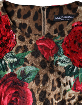 Dolce & Gabbana Braunes Leopardenkleid mit roten Rosen aus Baumwolle in A-Linie