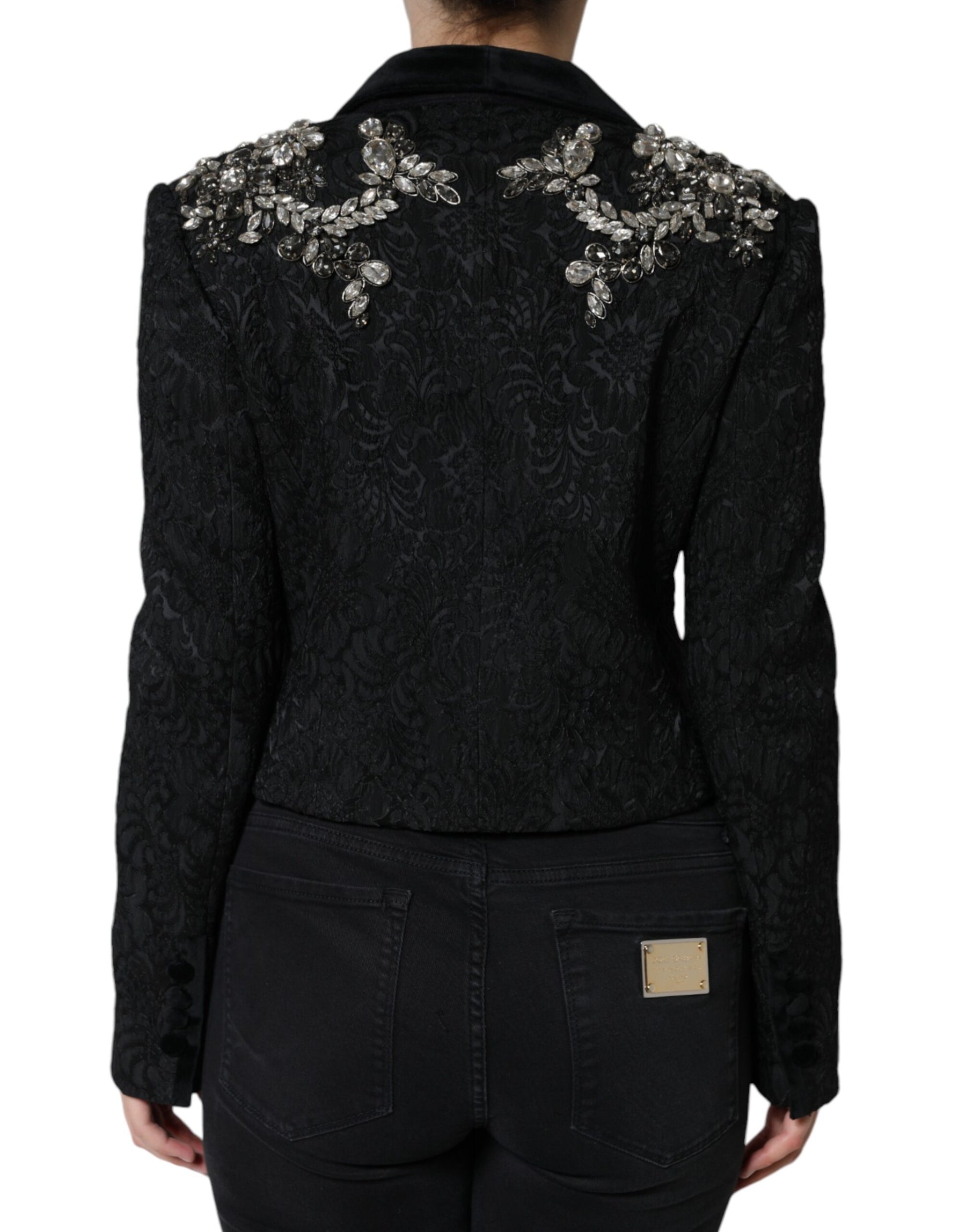 Dolce & Gabbana Schwarzer Jacquard-Kristall-Blumen-Jacke Blazer