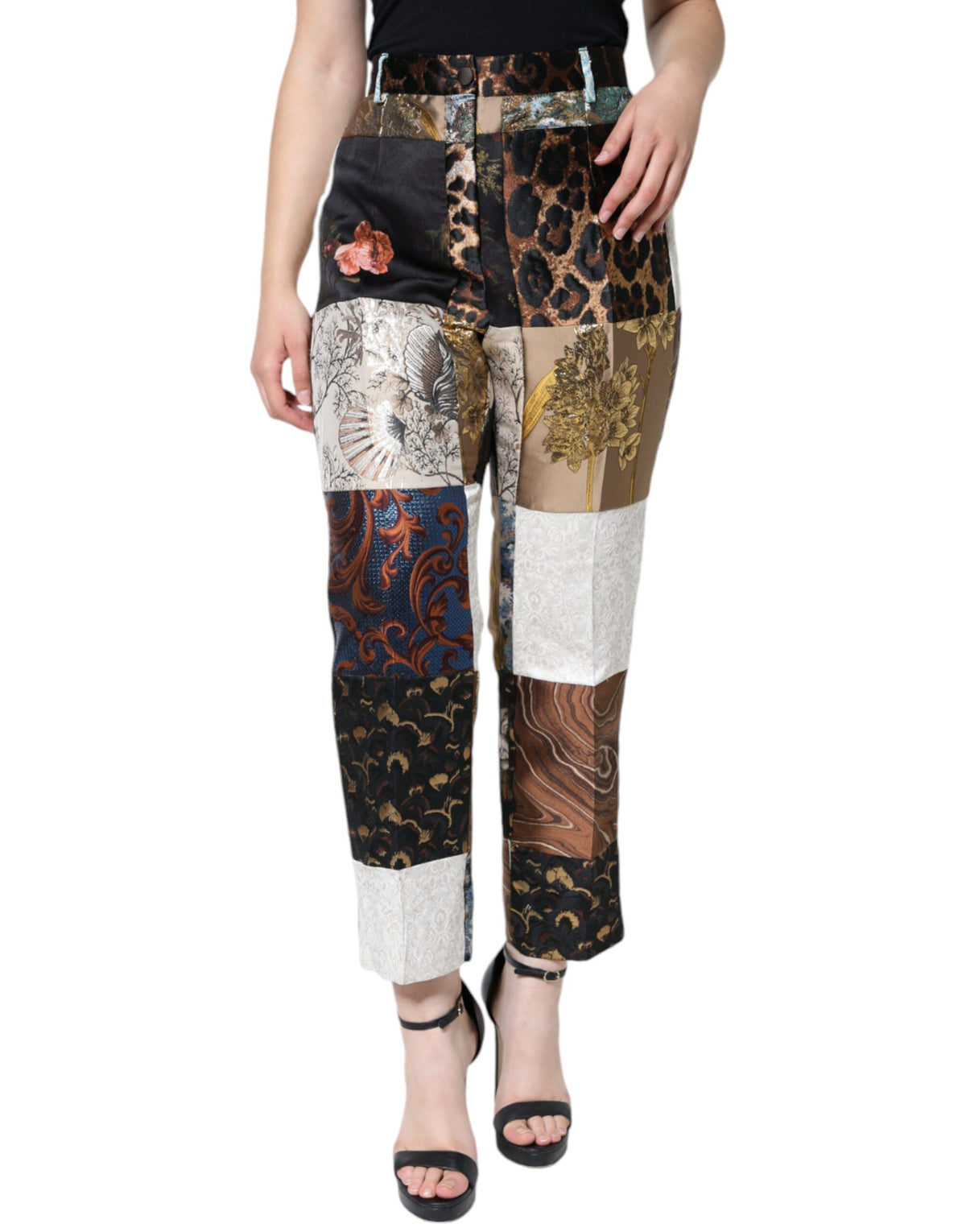 Dolce & Gabbana Multicolor Patchwork Jacquard Hose mit hoher Taille