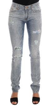 Versace Jeans Blaue Waschung Zerrissene Stretch Slim Fit Jeans