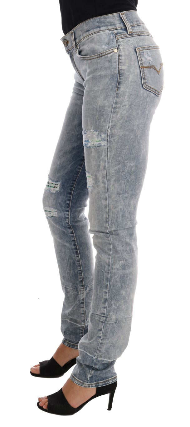 Versace Jeans Blaue Waschung Zerrissene Stretch Slim Fit Jeans