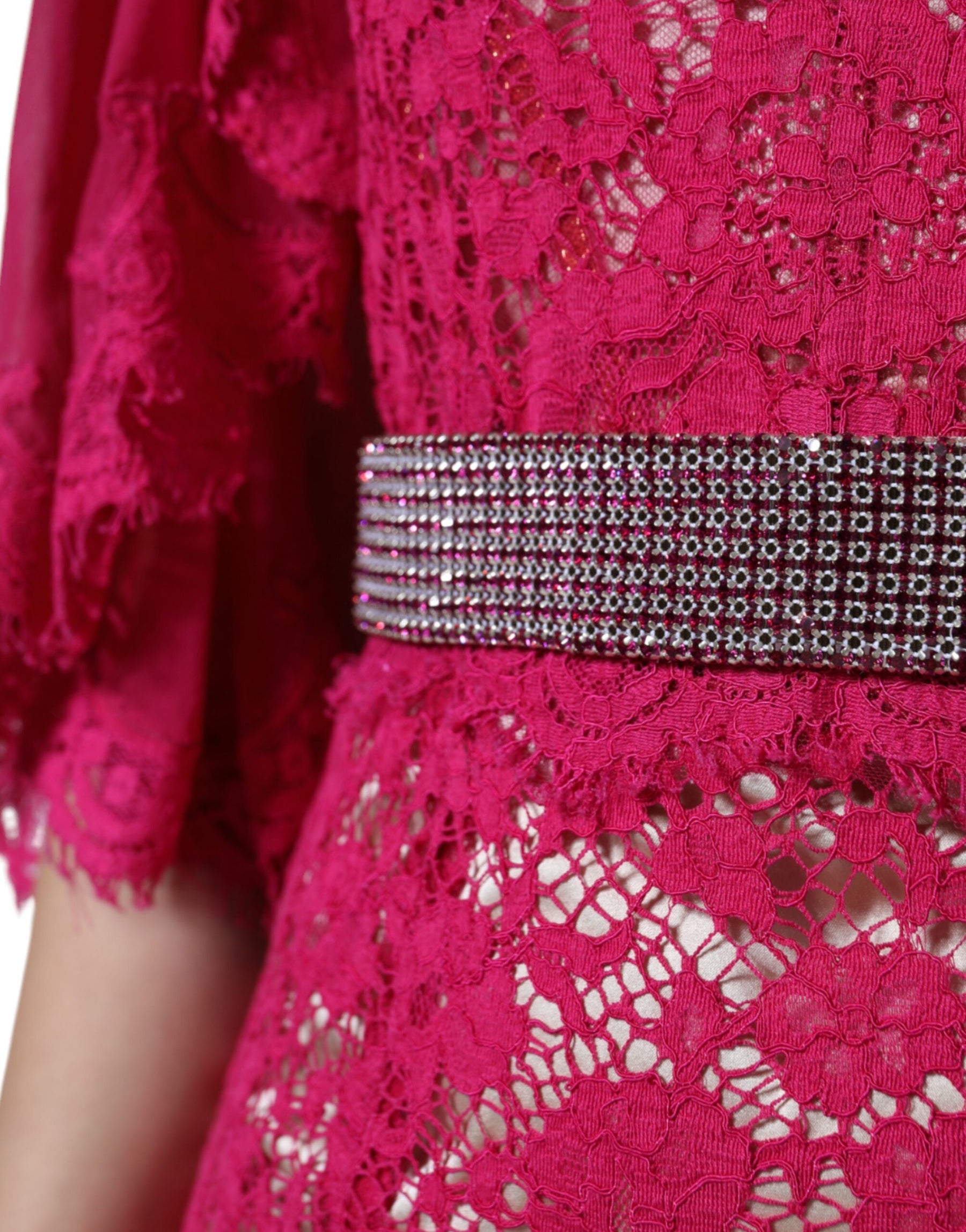 Dolce & Gabbana Rosa Spitze Kristall Etuikleid Langes Kleid