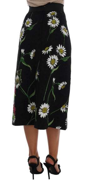 Dolce & Gabbana Schwarzer verzierter Gänseblümchen-Brokat-Rock