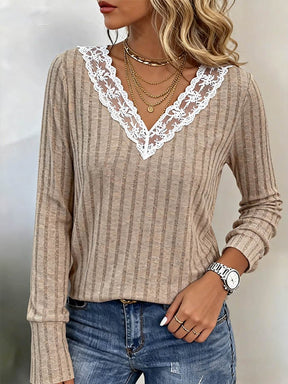 Winter Longsleeve Damen V-Ausschnitt Spitze Beige Top