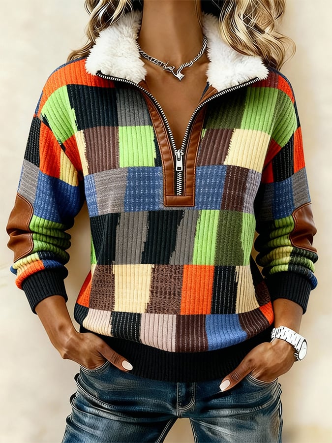 Winter Teddy Sweatshirt Damen Patchwork Warm Kuschelpulli