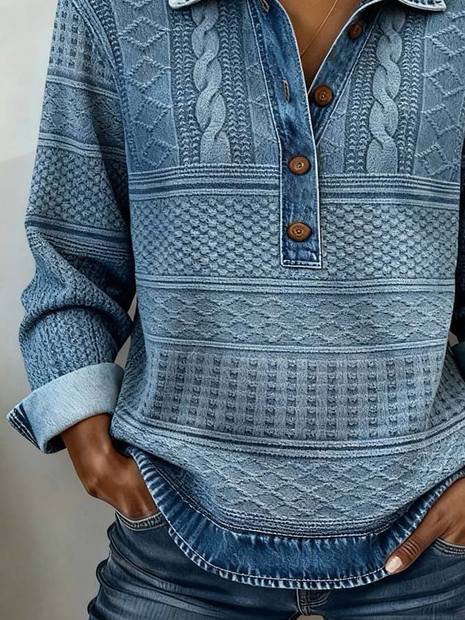 Damen Winter Sweatshirt Denim-Look Pullover casual warm
