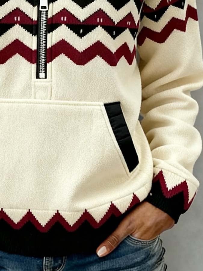 Damen Winter Hoodie mit Teddyfutter Ethno Muster creme