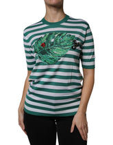 Dolce & Gabbana Weiß Grün Streifen Blatt Rundhals T-Shirt