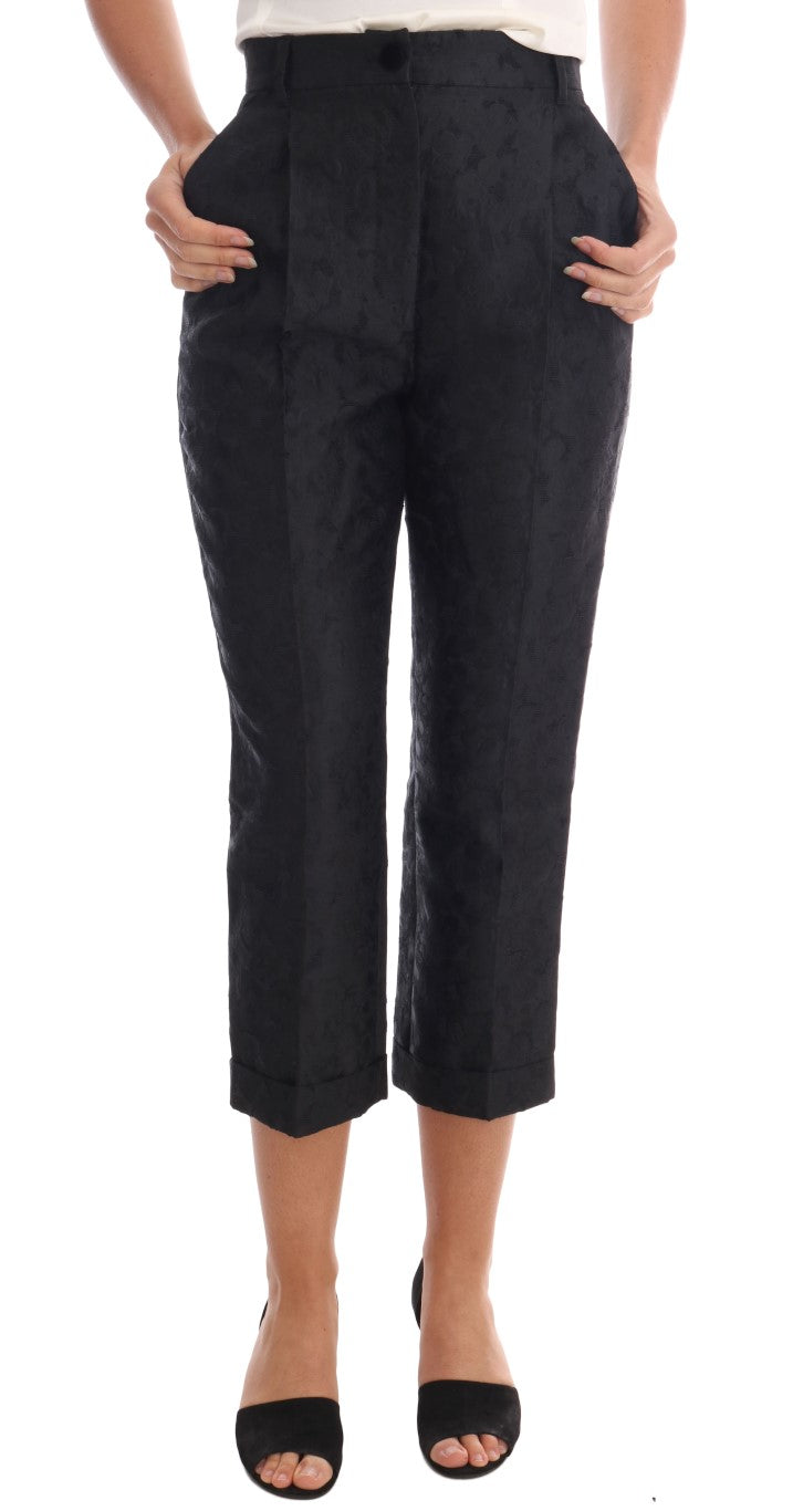 Dolce & Gabbana Schwarze Caprihose aus Brokat mit Blumenmuster