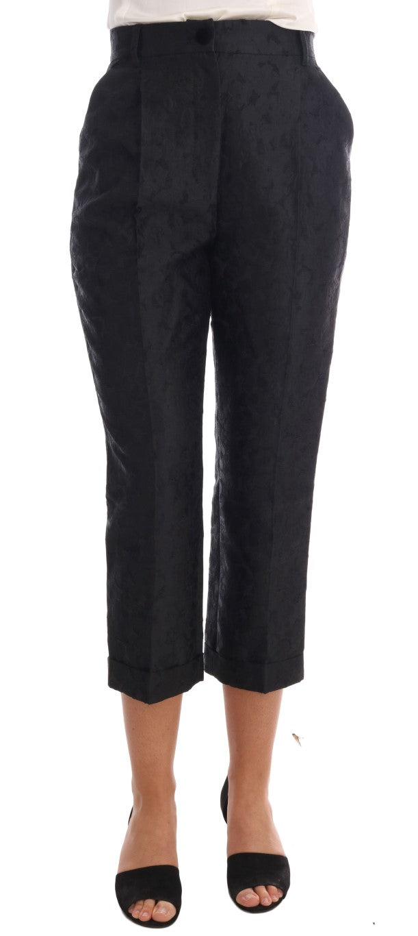 Dolce & Gabbana Schwarze Caprihose aus Brokat mit Blumenmuster