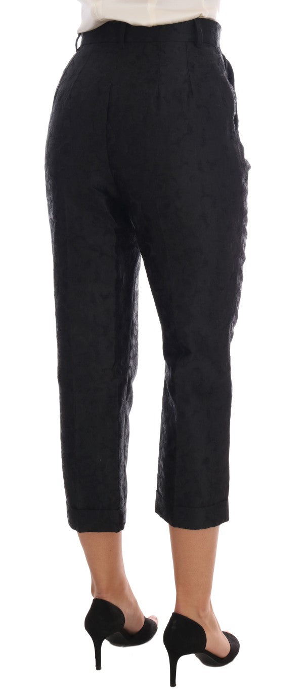 Dolce & Gabbana Schwarze Caprihose aus Brokat mit Blumenmuster