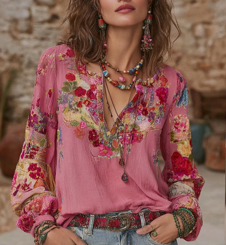 Boho Winter Blusenshirt V-Neck langarm florales Top altrosa