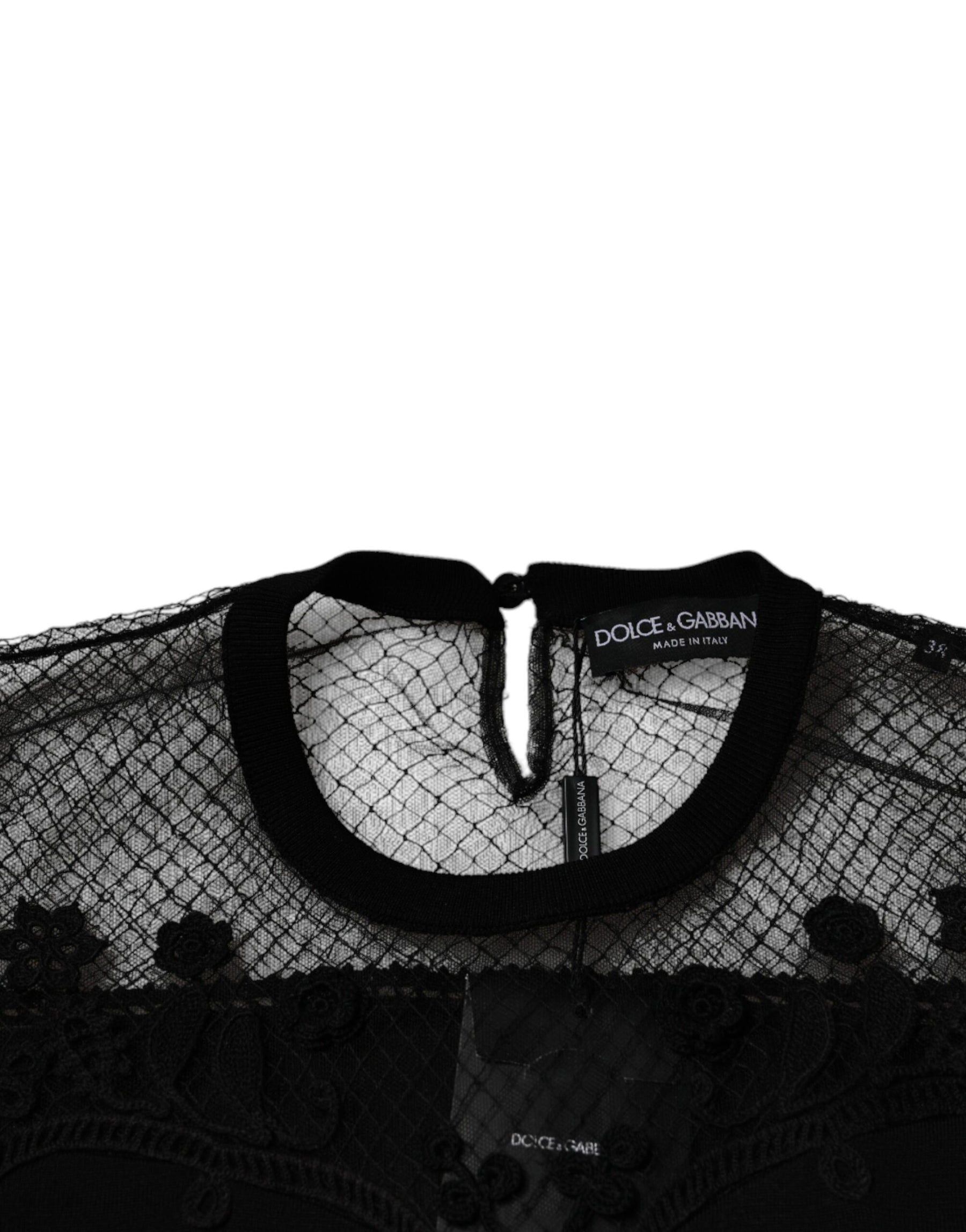 Dolce & Gabbana Schwarzes Blusentop mit floraler Spitze und kurzen Ärmeln