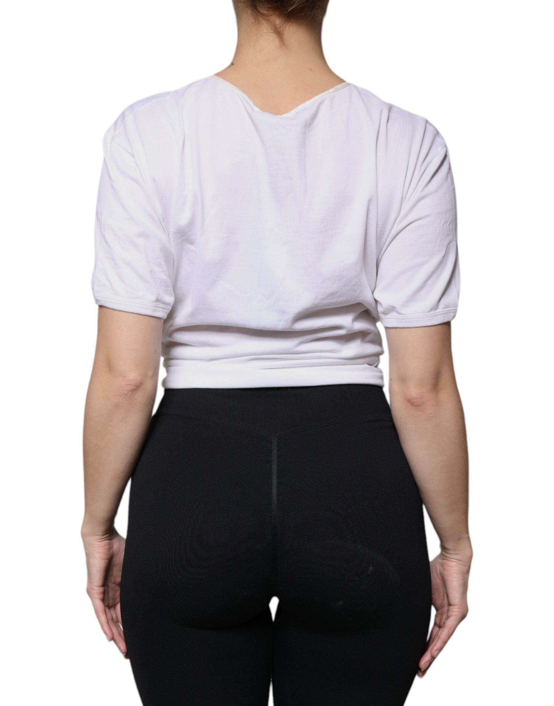 Dolce & Gabbana Weißes Baumwoll-Seiden-Rundhals-Wickelblusen-Top