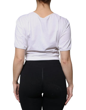 Dolce & Gabbana Weißes Baumwoll-Seiden-Rundhals-Wickelblusen-Top