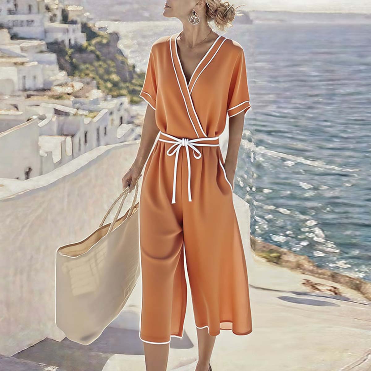 Orange Kurzarm-Jumpsuit mit V-Ausschnitt - Herbstslook mit Stil und Komfort