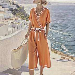 Orange Kurzarm-Jumpsuit mit V-Ausschnitt - Herbstslook mit Stil und Komfort