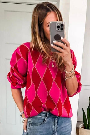Winter-Luxus: Sweet Pink Argyle Geometric Crewneck Sweater für stilvolle Wärme
