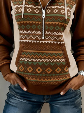 Boho Winter Hoodie Damen Braun Grün Ethno Sweatshirt Warm