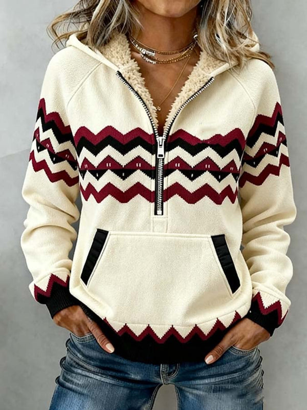Damen Winter Hoodie mit Teddyfutter Ethno Muster creme