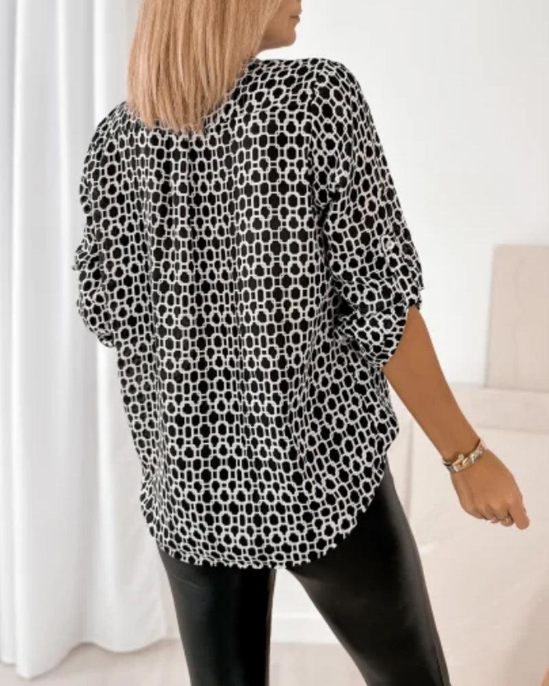 Winter V-Neck Bluse Schwarz mit Ballonärmeln & Print