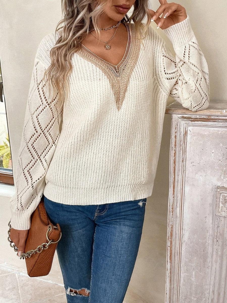 Herbstlicher Chic: Warmer Rib Knit V-Neck Sweater in Farbblock-Optik