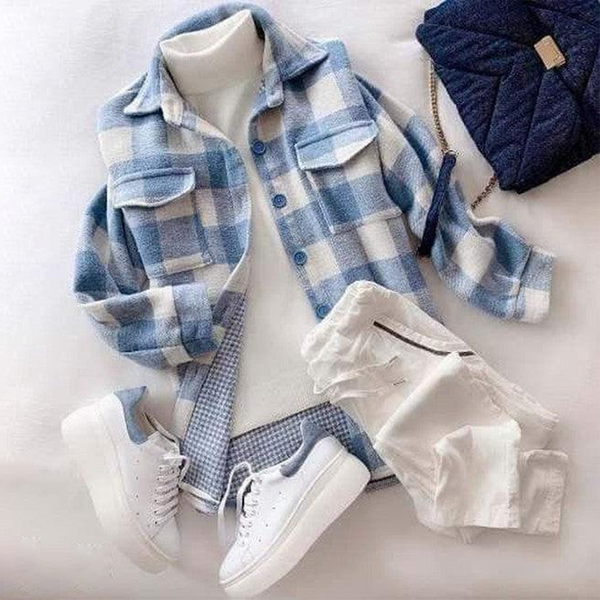 Breezy Blue Plaid Collared Outerwear - Trendy & Komfortable Herbstsmode