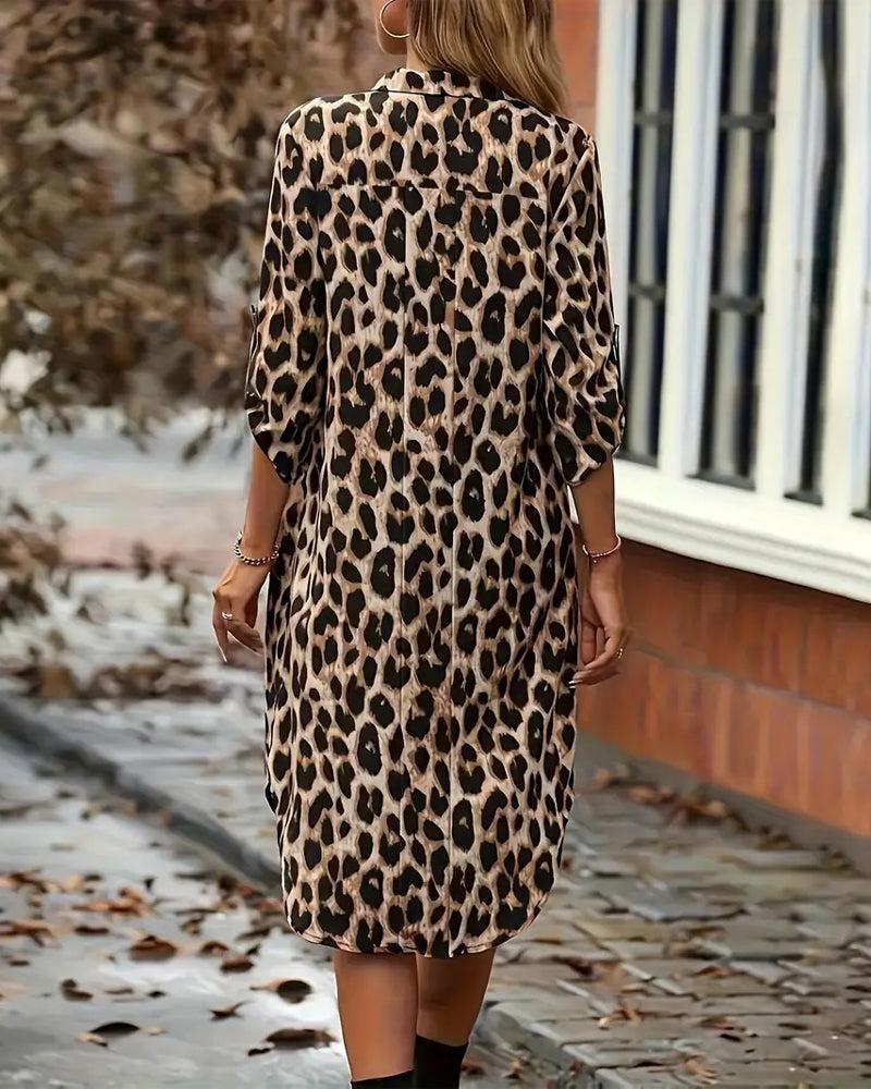 Trendiges Leoparden-Print Midi-Kleid mit Langarm - Stilvoll in den Herbst
